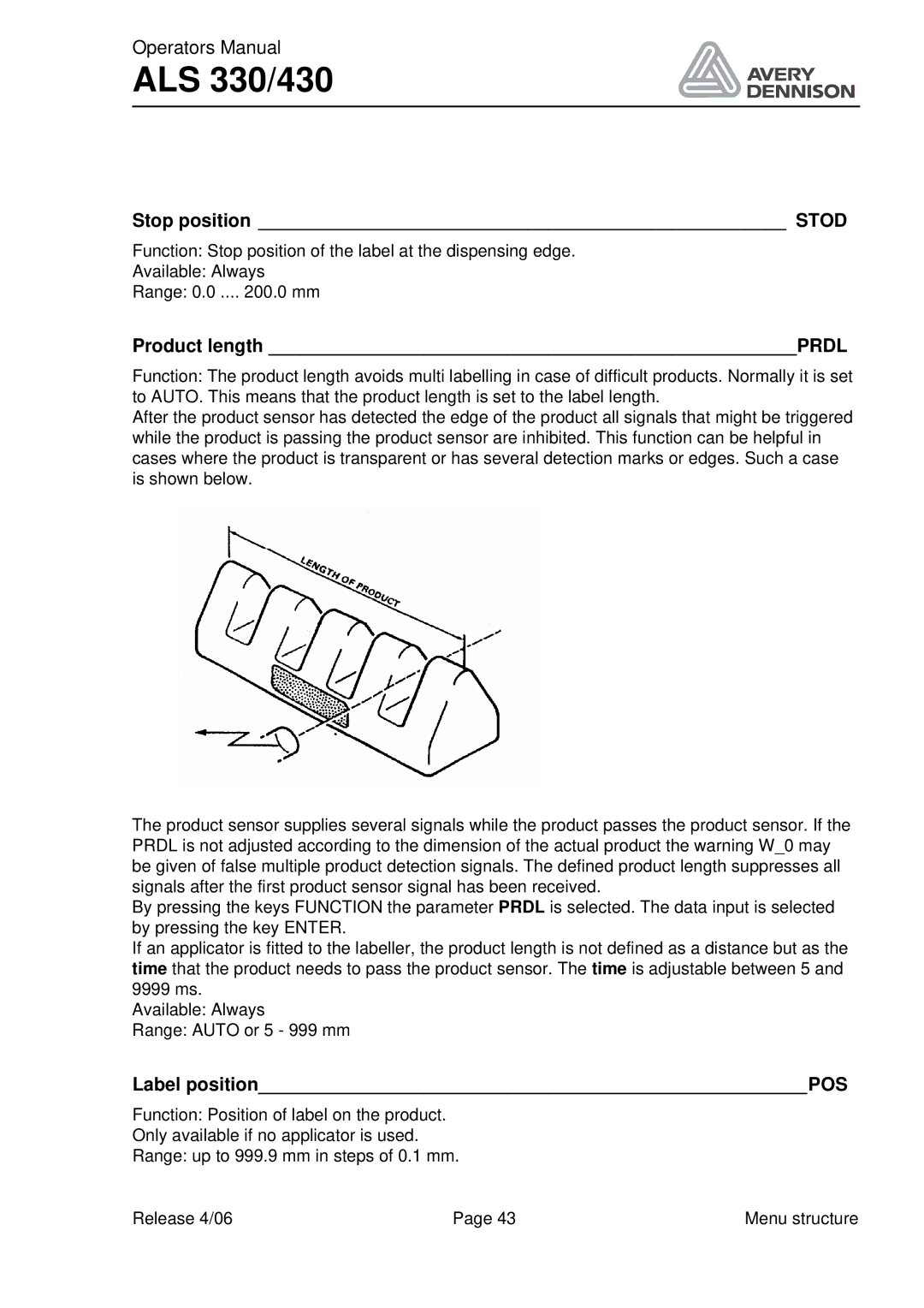 Avery ALS 330/430 manual Product length Prdl, Label positionPOS 