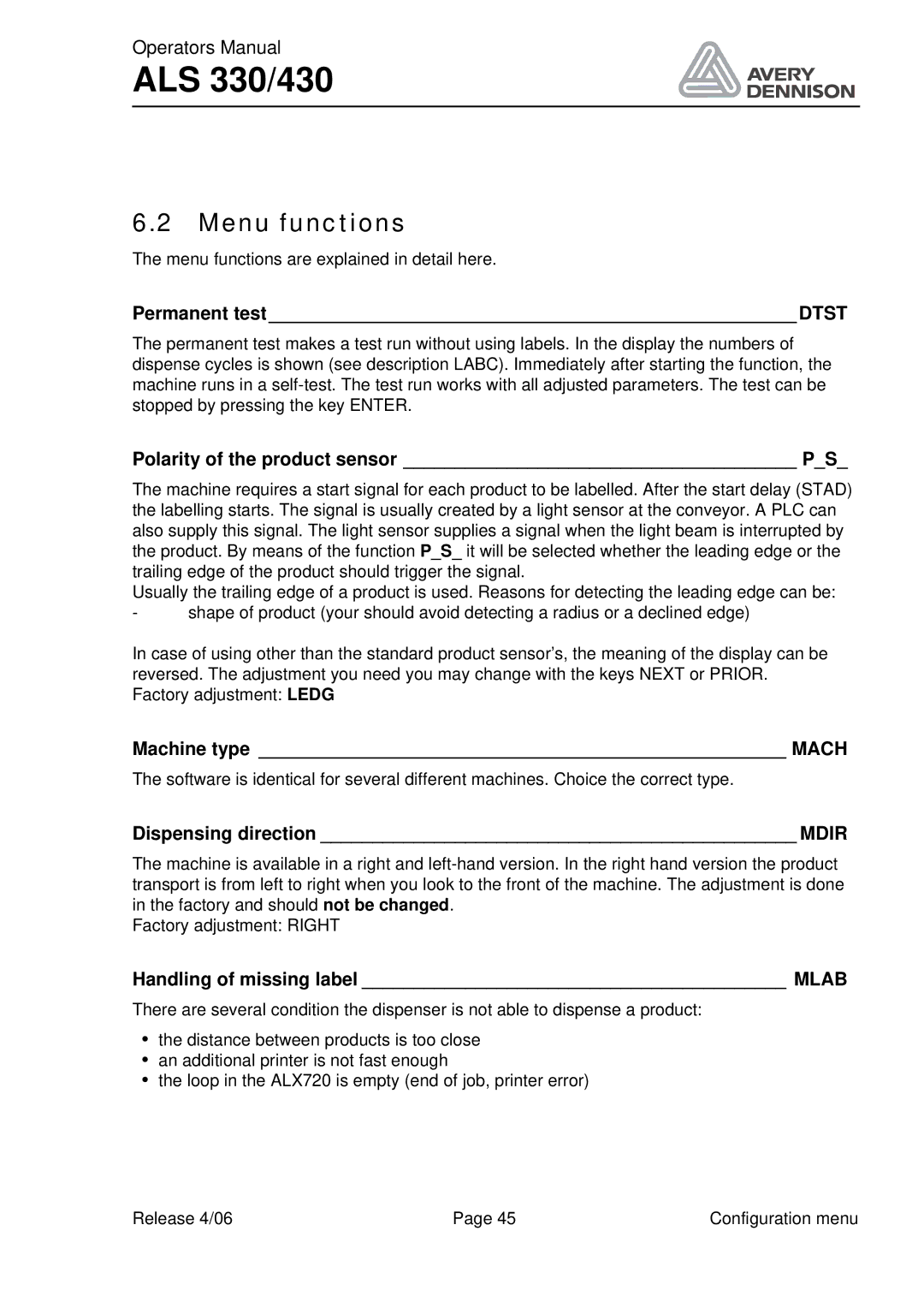 Avery ALS 330/430 manual Menu functions 