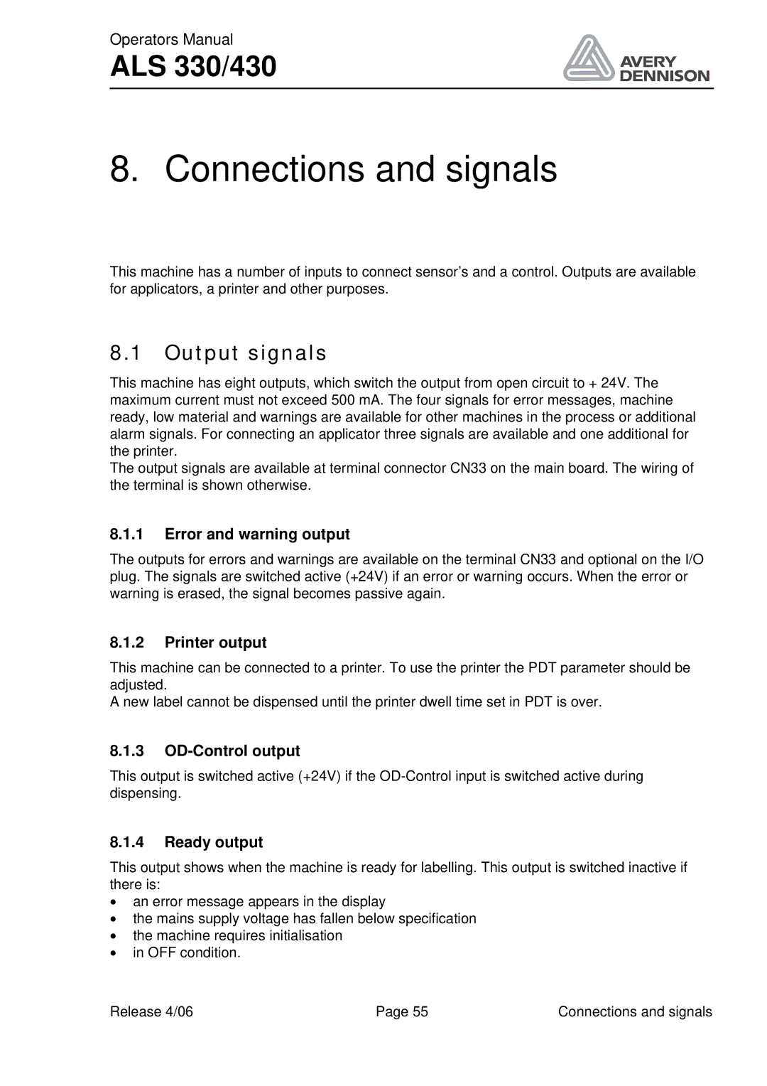 Avery ALS 330/430 manual Connections and signals, Output signals 