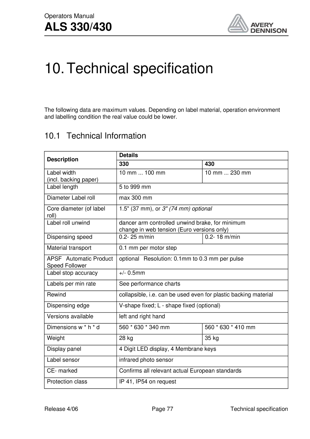 Avery ALS 330/430 manual Technical specification, Technical Information, Description Details 330 430 