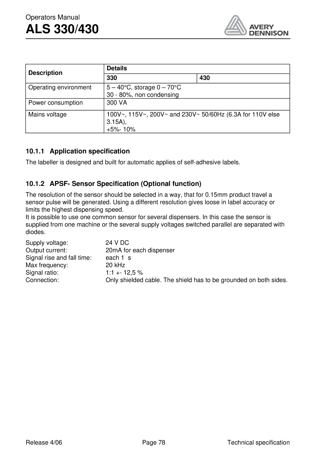 Avery ALS 330/430 manual Application specification, APSF- Sensor Specification Optional function 