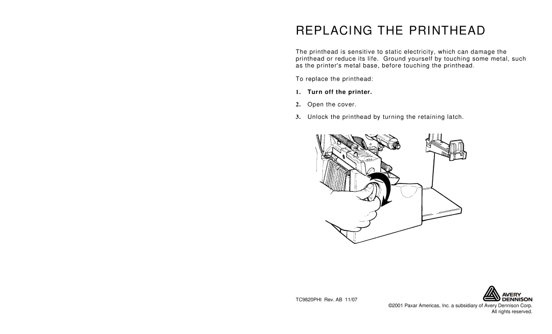 Avery TC9820PHI manual P L a C I N G T H E P R I N T H E a D 