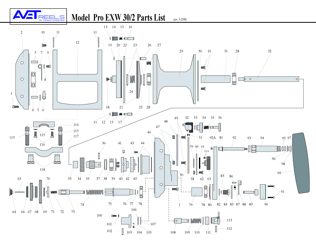 Avet Reels manual Model Pro EXW 30/2 Parts List 