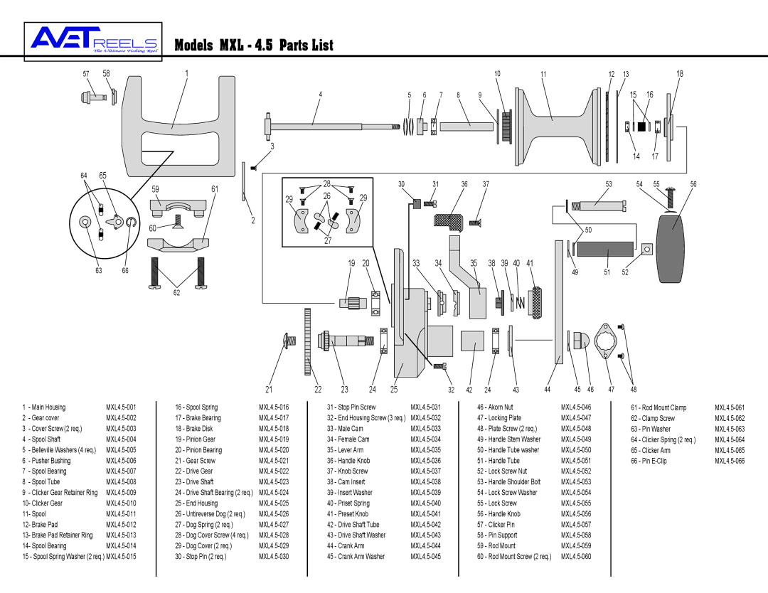 Avet Reels MXL - 4.5 manual Models MXL 4.5 Parts List, 5961 