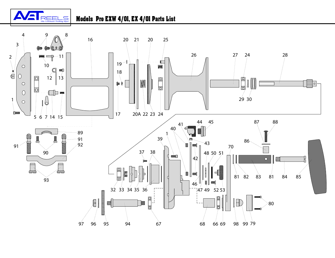 Avet Reels manual Models Pro EXW 4/01, EX 4/01 Parts List 