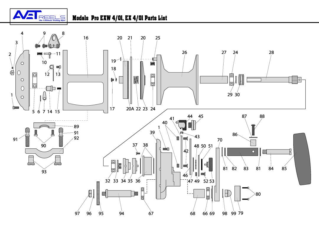 Avet Reels manual Models Pro EXW 4/01, EX 4/01 Parts List, 20A 22, 32 33 34 35, 48 50 