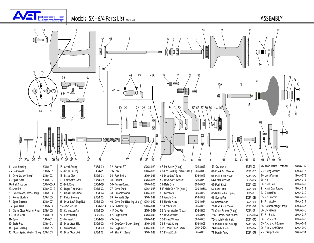 Avet Reels SX 6 - 4 manual 47 54 72A, 60A, 6871, Spool Spring, Washer RT, Brake Bearing, Brake Disk, Fork Spring, Dog 