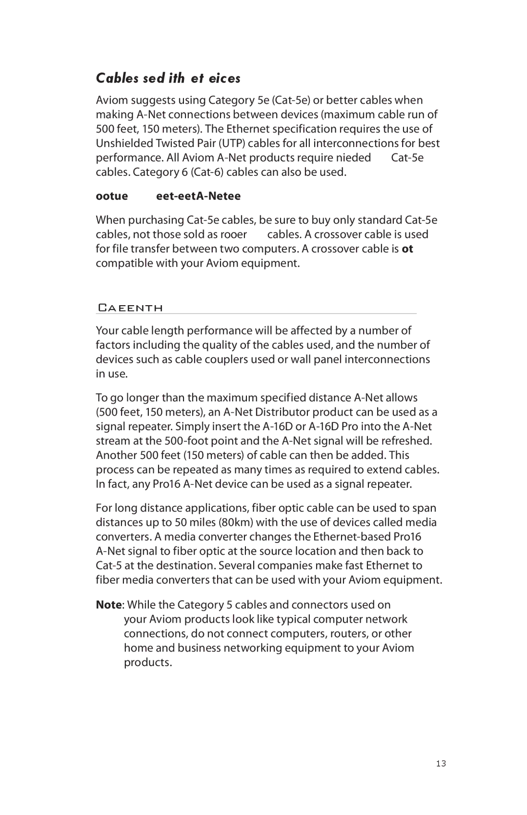 Aviom 16/O-Y1 manual Cables Used With A-Net Devices, Cable Lengths, Do not use shielded Cat-5e cables with A-Net devices 