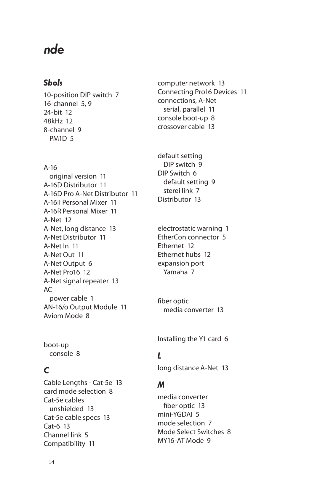 Aviom 16/O-Y1 manual Index, Symbols 