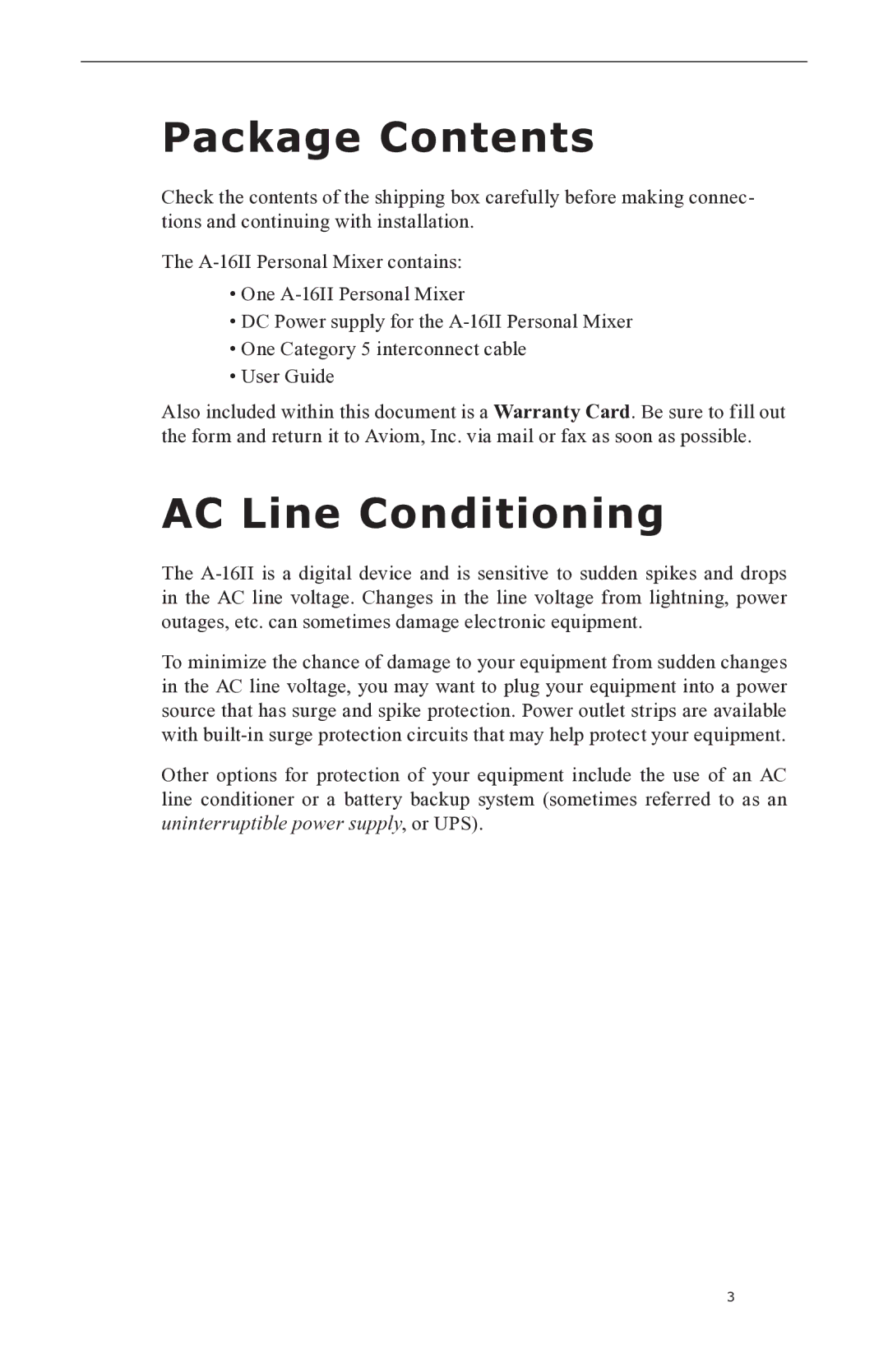 Aviom A-16II manual Package Contents, AC Line Conditioning 