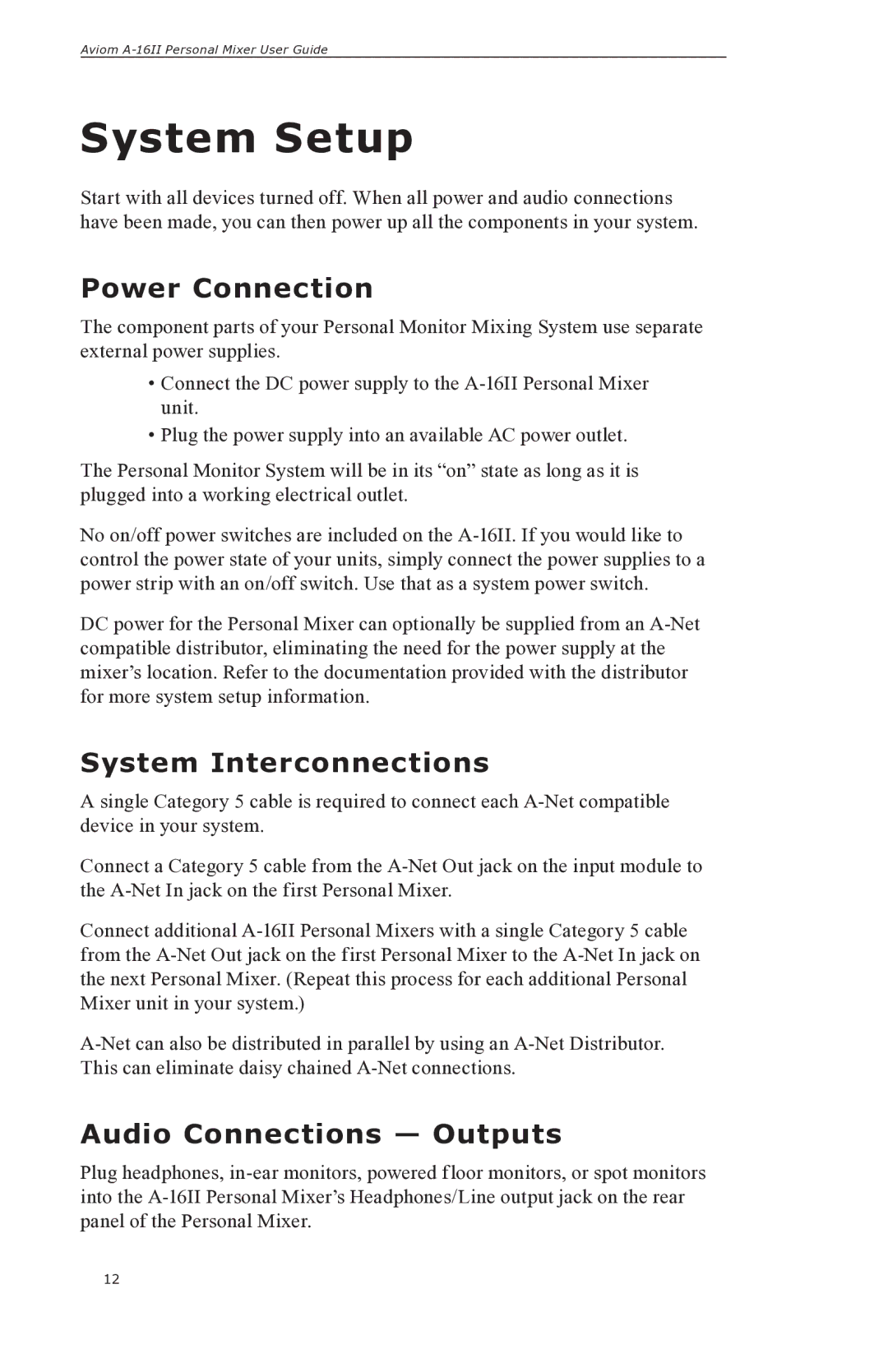 Aviom A-16II manual System Setup, Power Connection, System Interconnections, Audio Connections Outputs 