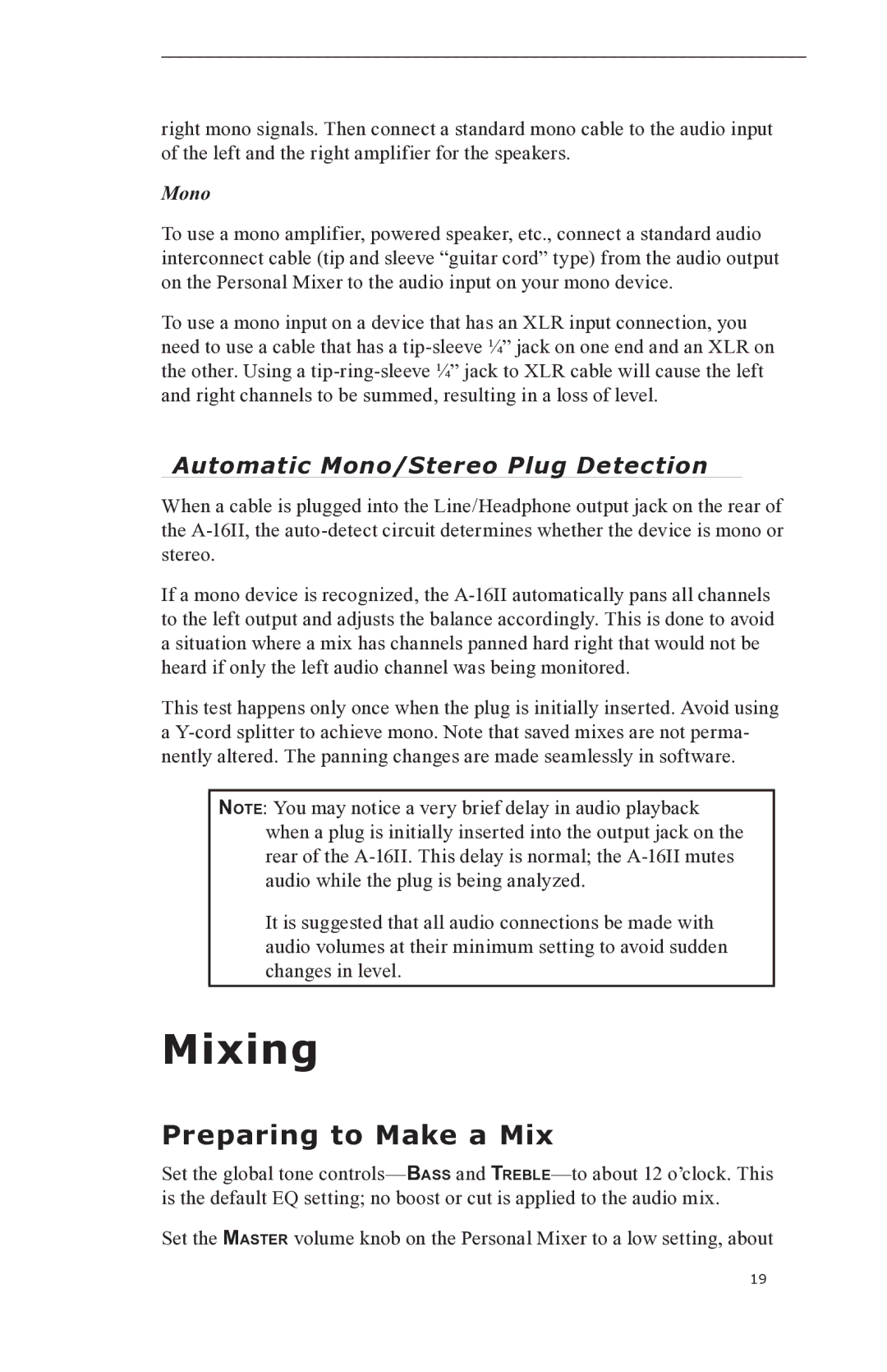 Aviom A-16II manual Mixing, Preparing to Make a Mix, Automatic Mono/Stereo Plug Detection 