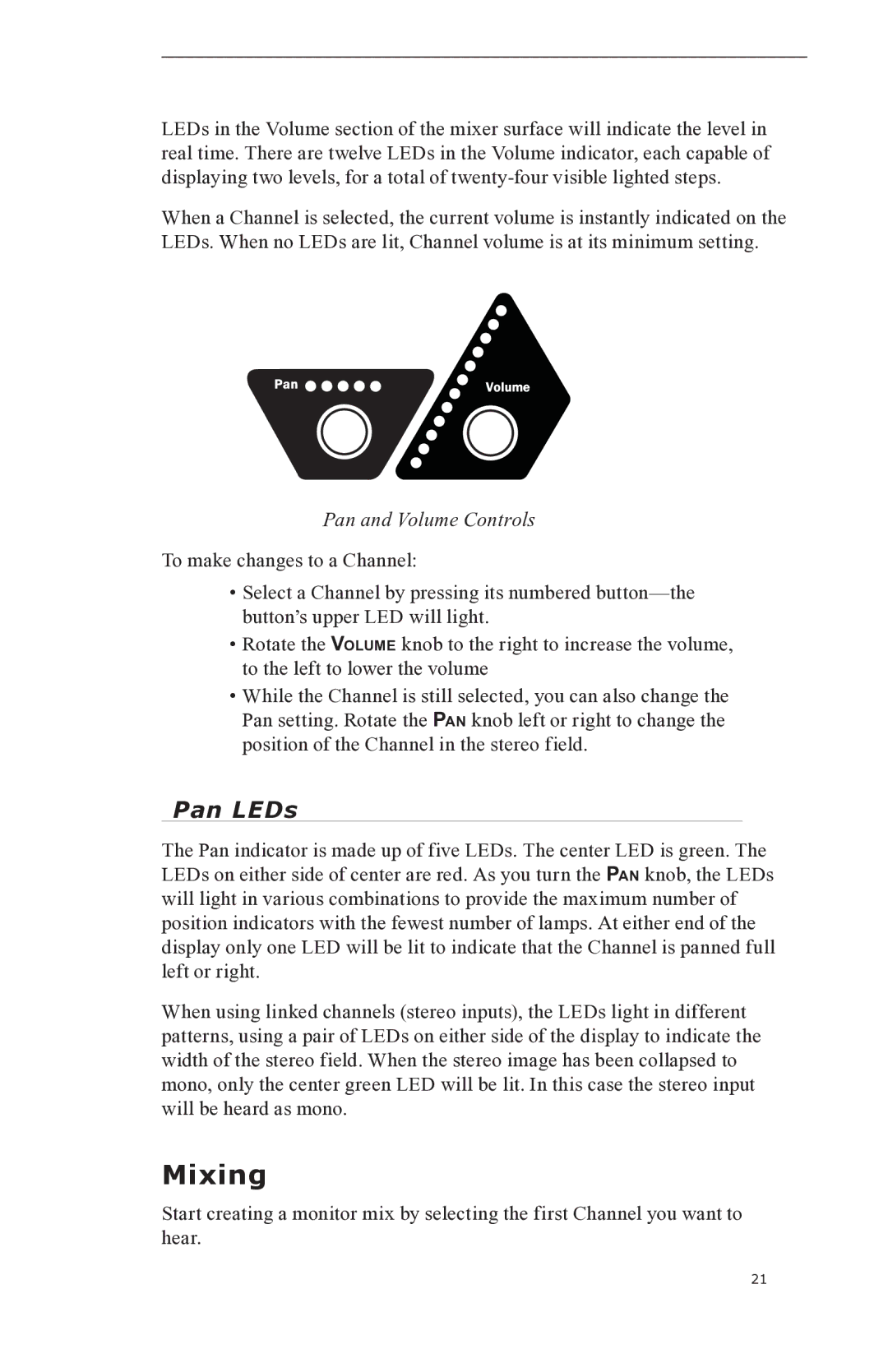 Aviom A-16II manual Mixing, Pan LEDs, Pan and Volume Controls 