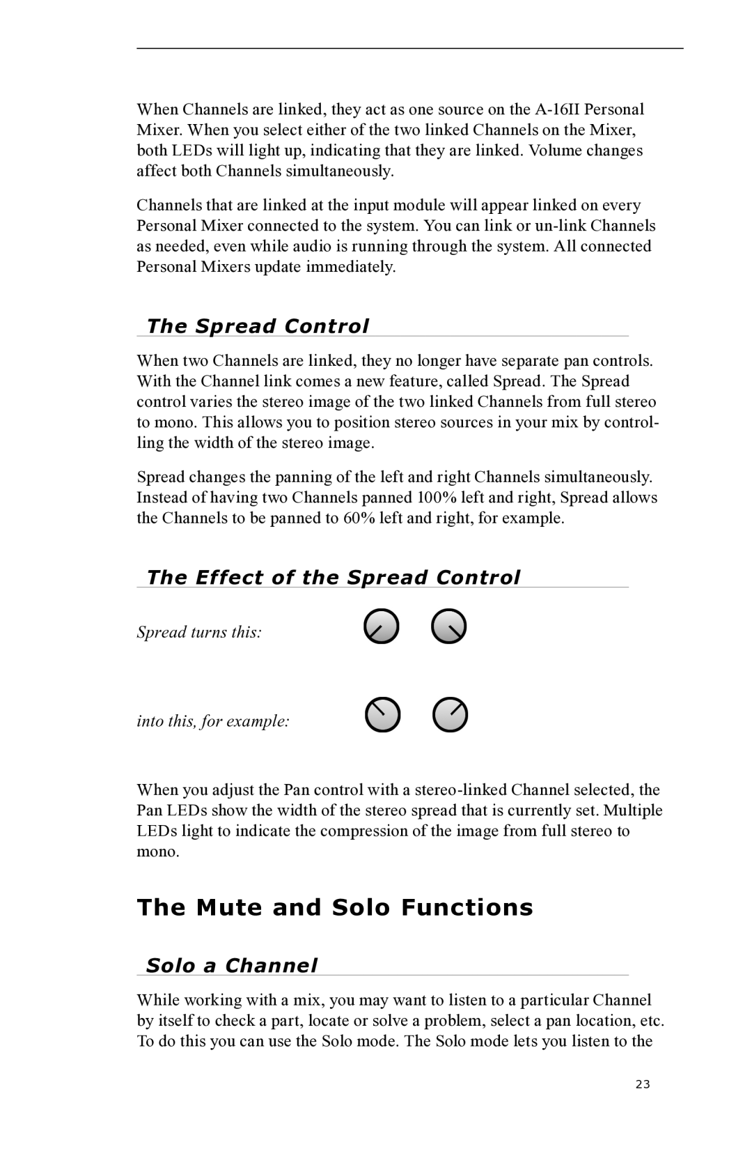 Aviom A-16II manual Mute and Solo Functions, Effect of the Spread Control, Solo a Channel 