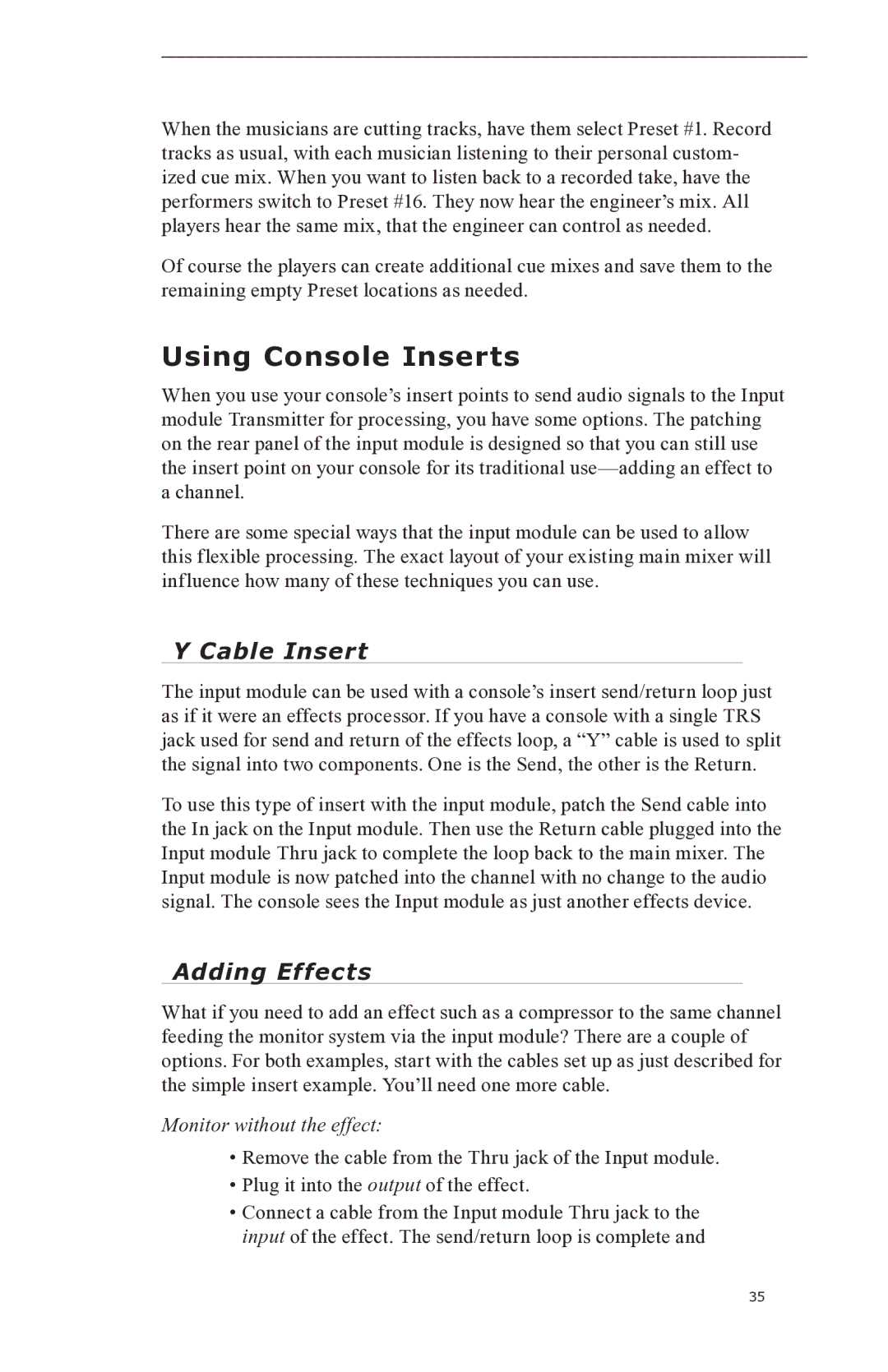 Aviom A-16II manual Using Console Inserts, Cable Insert, Adding Effects, Monitor without the effect 