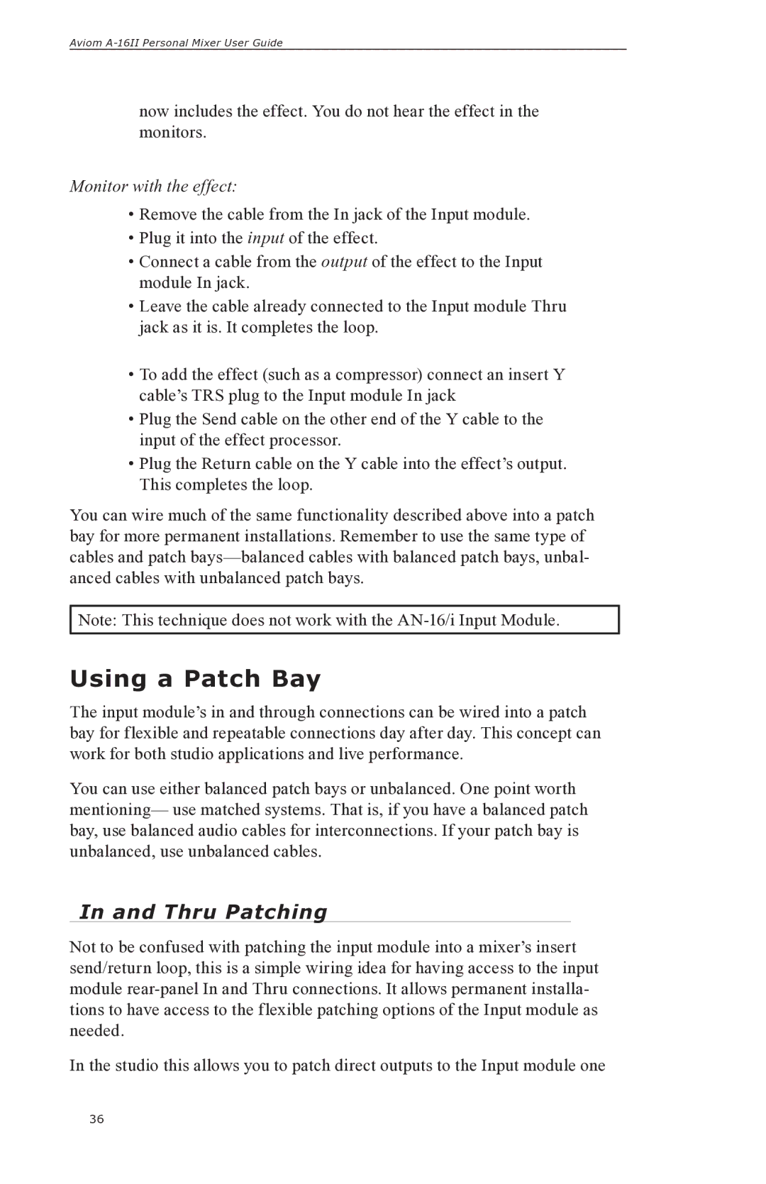 Aviom A-16II manual Using a Patch Bay, Thru Patching, Monitor with the effect 