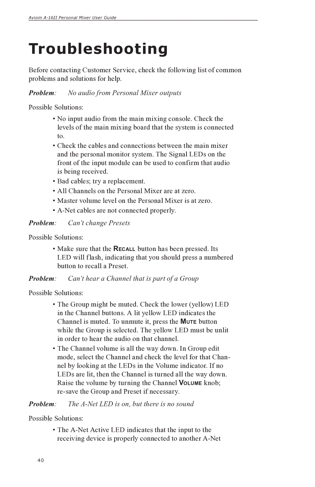 Aviom A-16II manual Troubleshooting, Problem No audio from Personal Mixer outputs, Problem Can’t change Presets 