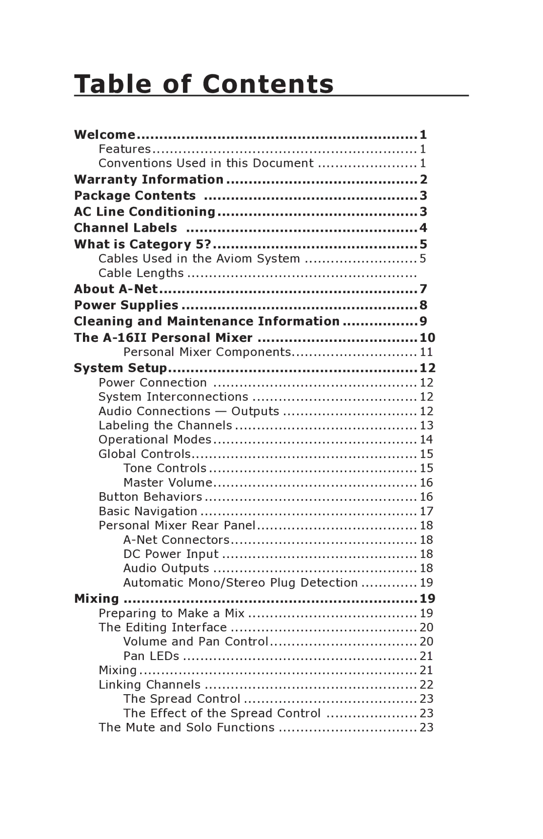 Aviom A-16II manual Table of Contents 