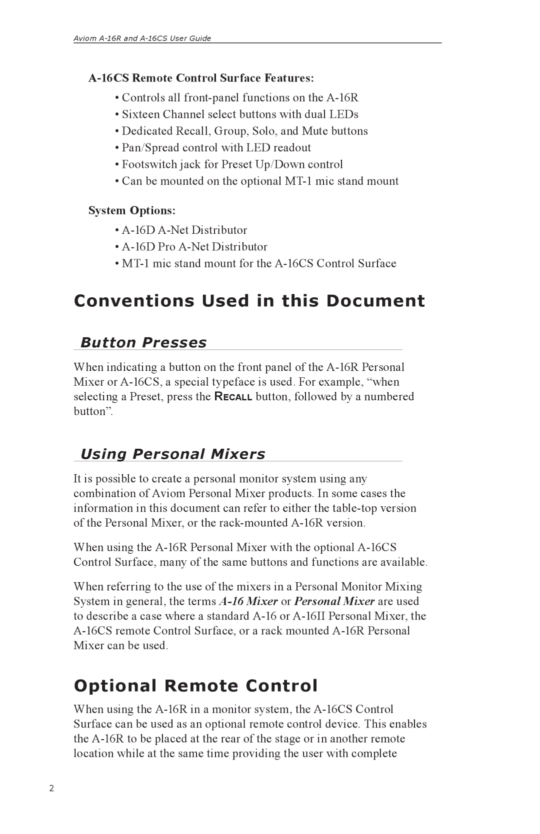 Aviom A-16R, A-16CS manual Conventions Used in this Document, Optional Remote Control, Button Presses, Using Personal Mixers 