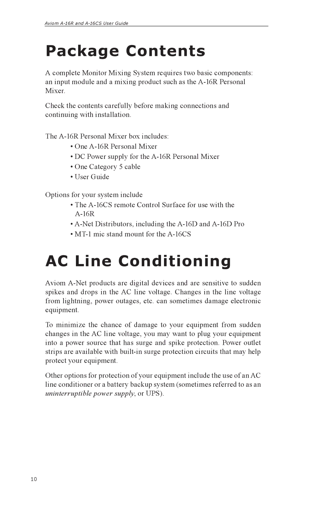 Aviom A-16R, A-16CS manual Package Contents, AC Line Conditioning 