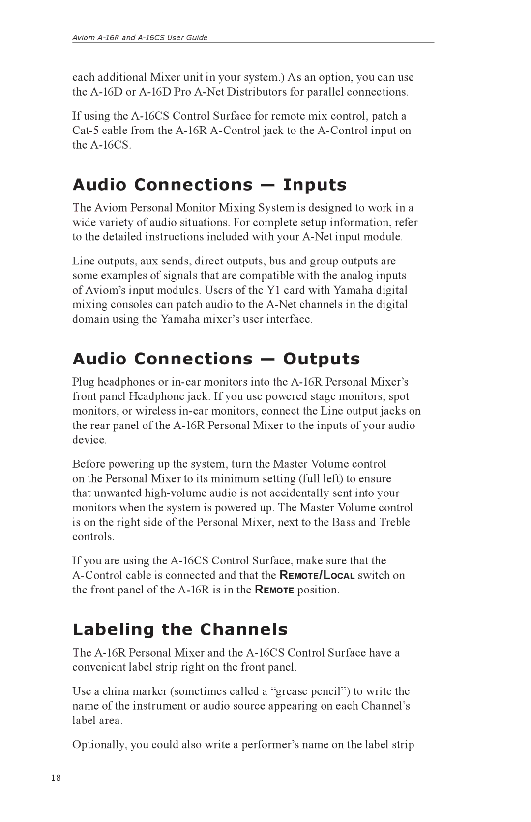 Aviom A-16R, A-16CS manual Audio Connections Inputs, Audio Connections Outputs, Labeling the Channels 