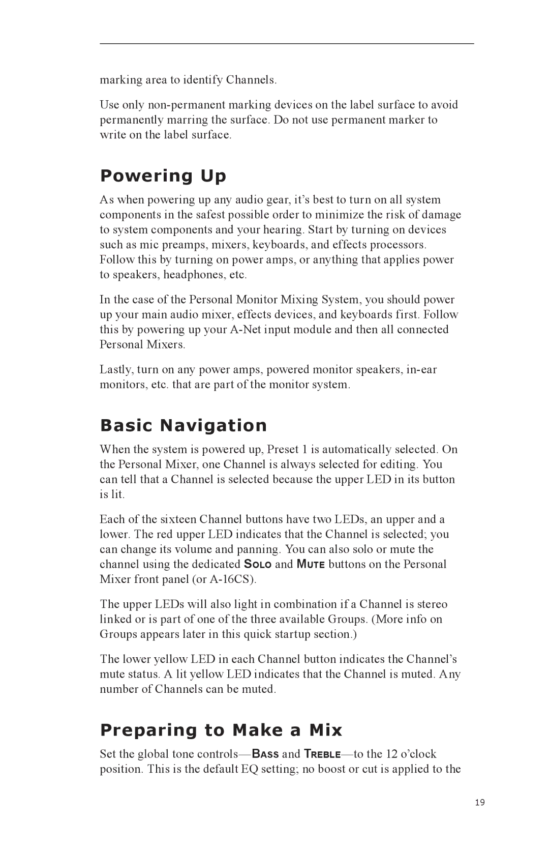 Aviom A-16CS, A-16R manual Powering Up, Basic Navigation, Preparing to Make a Mix 