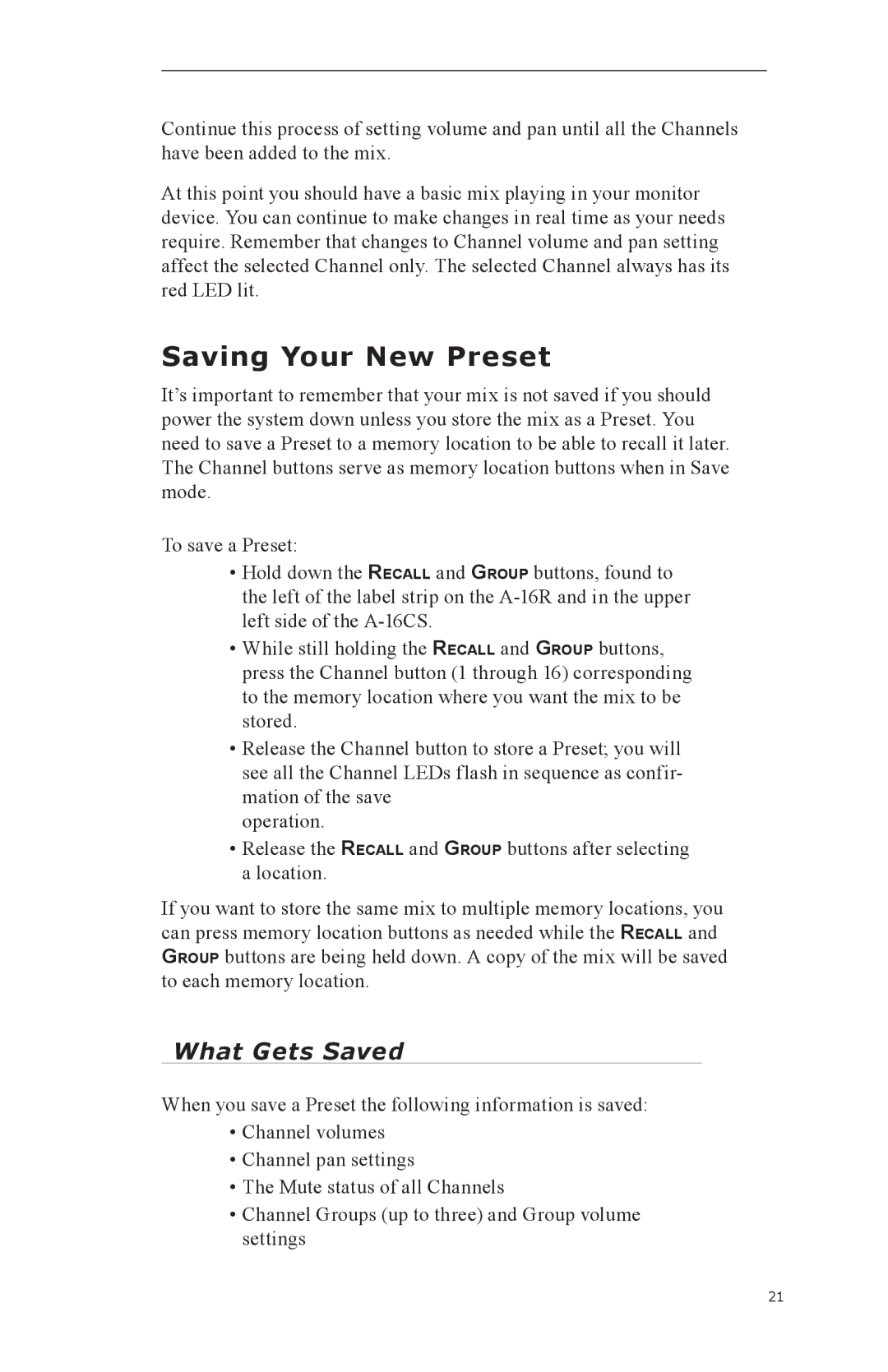 Aviom A-16CS, A-16R manual Saving Your New Preset, What Gets Saved 