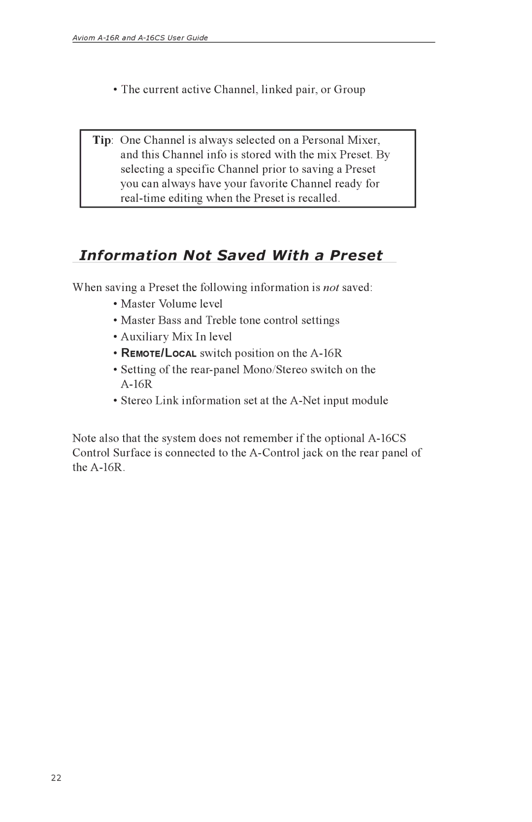 Aviom A-16R, A-16CS manual Information Not Saved With a Preset 