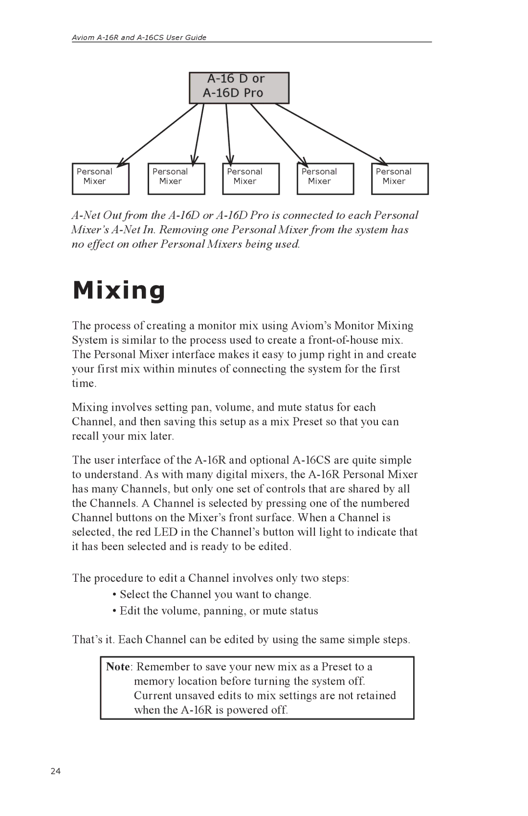 Aviom A-16R, A-16CS manual Mixing, 16D Pro 