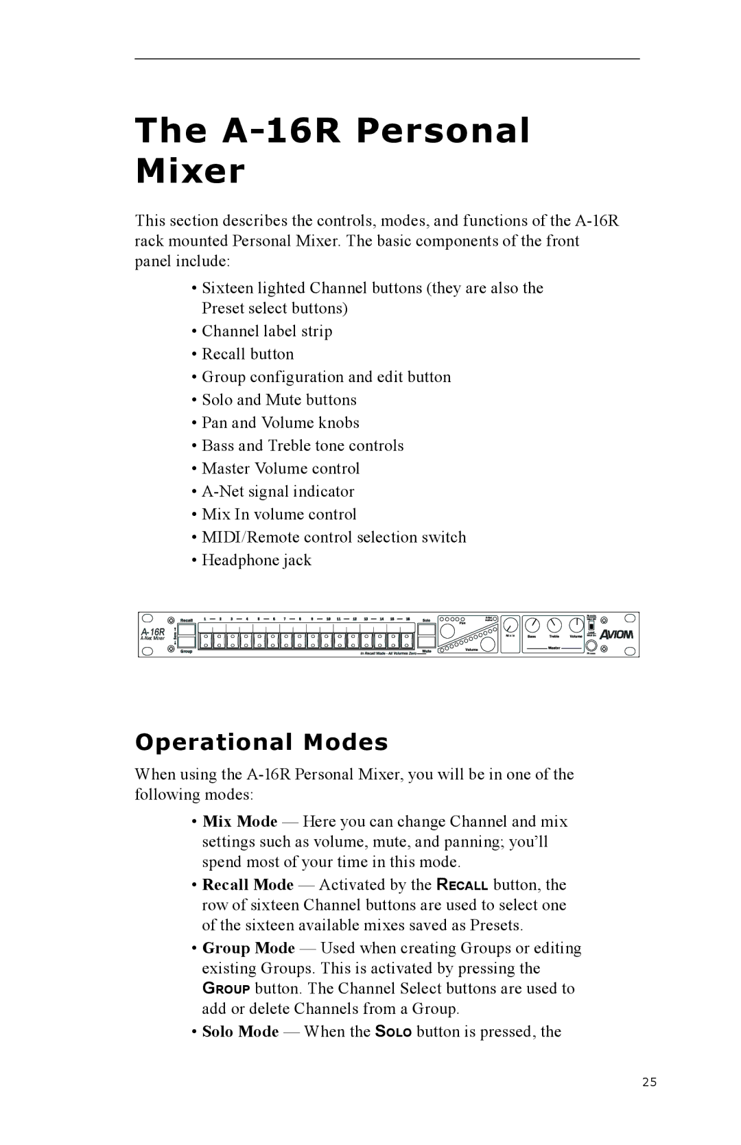 Aviom A-16CS manual A-16R Personal Mixer, Operational Modes 