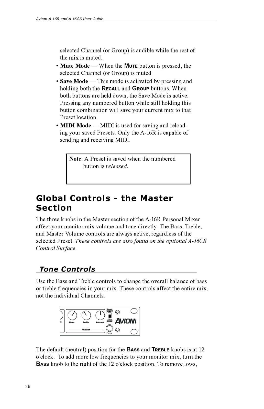 Aviom A-16R, A-16CS manual Global Controls the Master Section, Tone Controls 