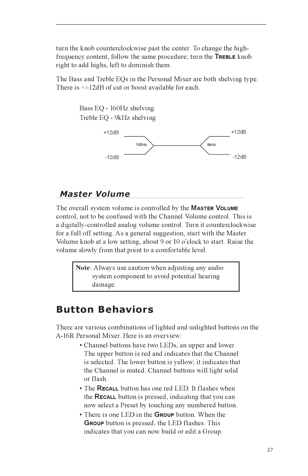 Aviom A-16CS, A-16R manual Button Behaviors, Master Volume 