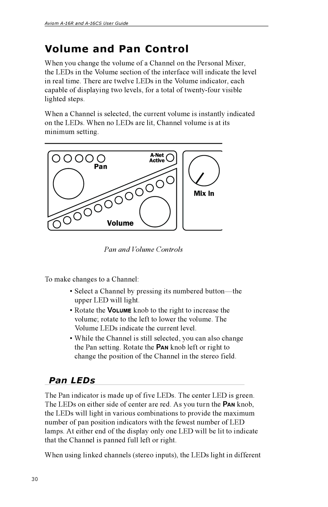 Aviom A-16R, A-16CS manual Volume and Pan Control, Pan LEDs, Pan and Volume Controls 