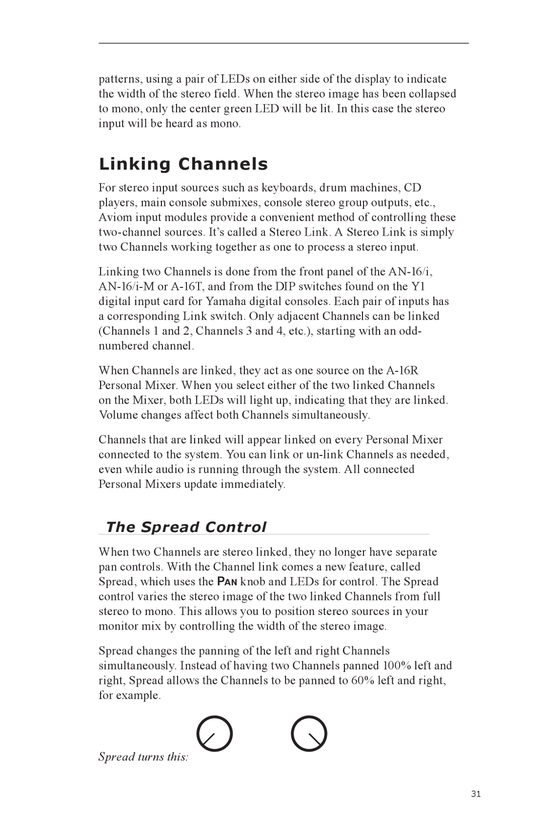 Aviom A-16CS, A-16R manual Linking Channels, Spread Control, Spread turns this 
