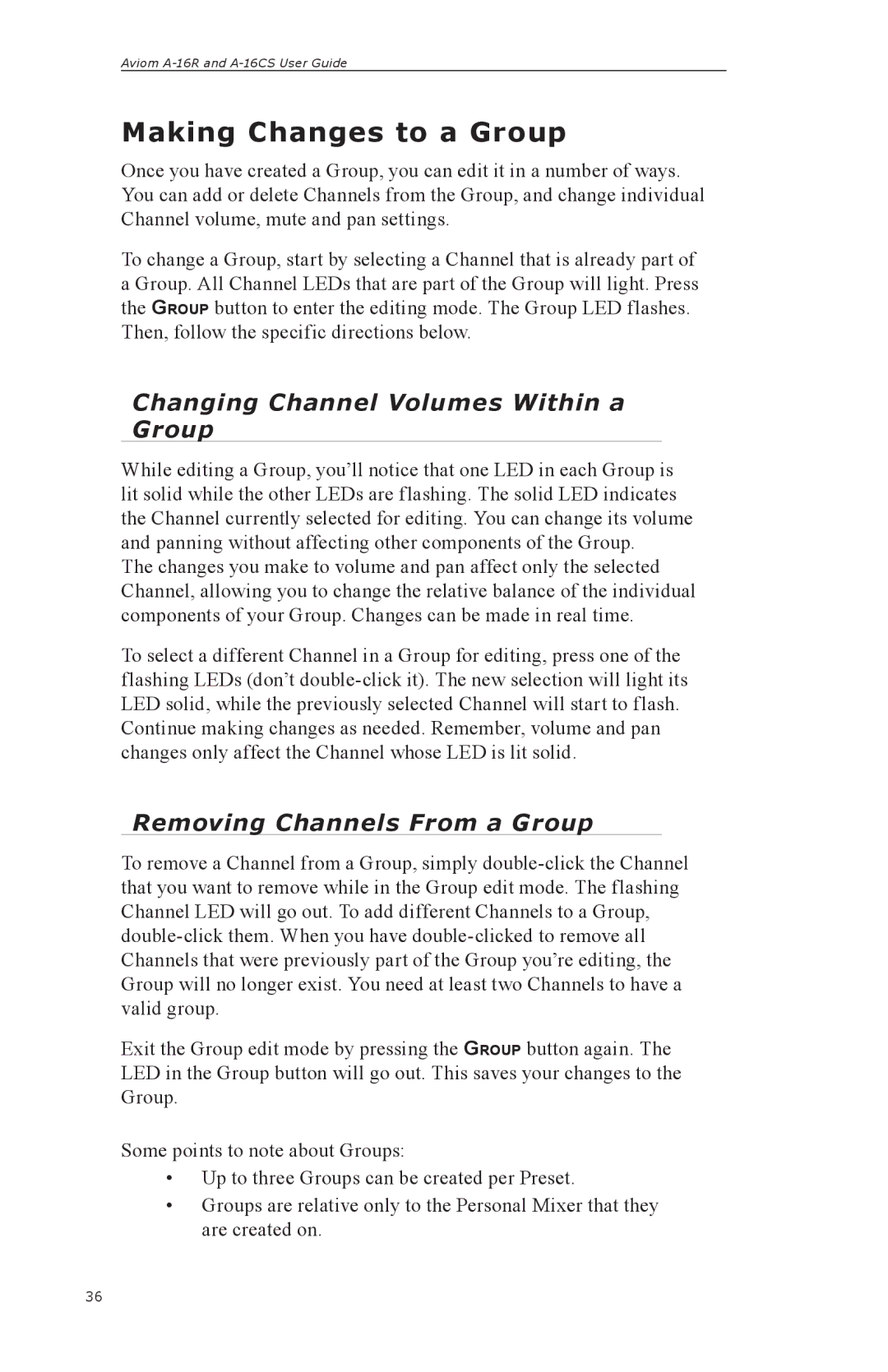 Aviom A-16R, A-16CS Making Changes to a Group, Changing Channel Volumes Within a Group, Removing Channels From a Group 