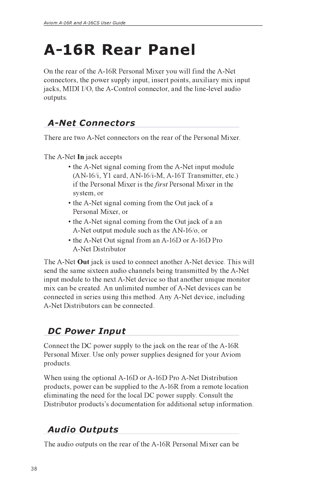 Aviom A-16R, A-16CS manual Net Connectors, DC Power Input, Audio Outputs 