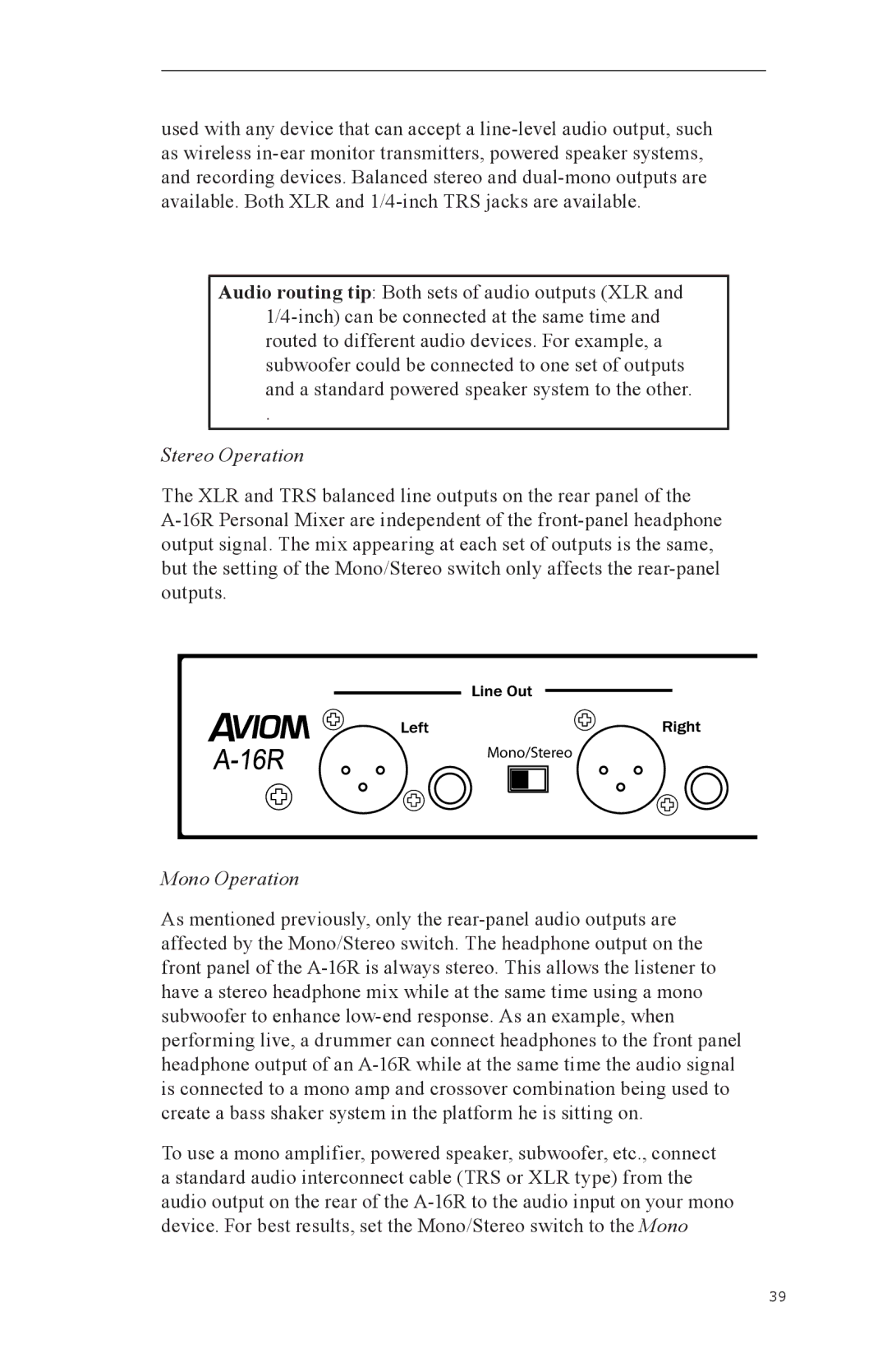 Aviom A-16CS, A-16R manual Stereo Operation, Mono Operation 