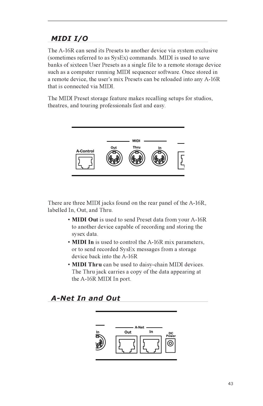 Aviom A-16CS, A-16R manual Midi I/O, Net In and Out 