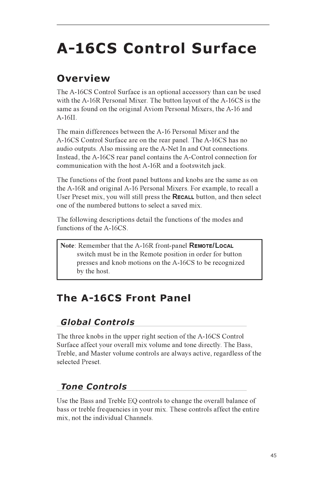 Aviom A-16R manual Overview, A-16CS Front Panel, Global Controls 