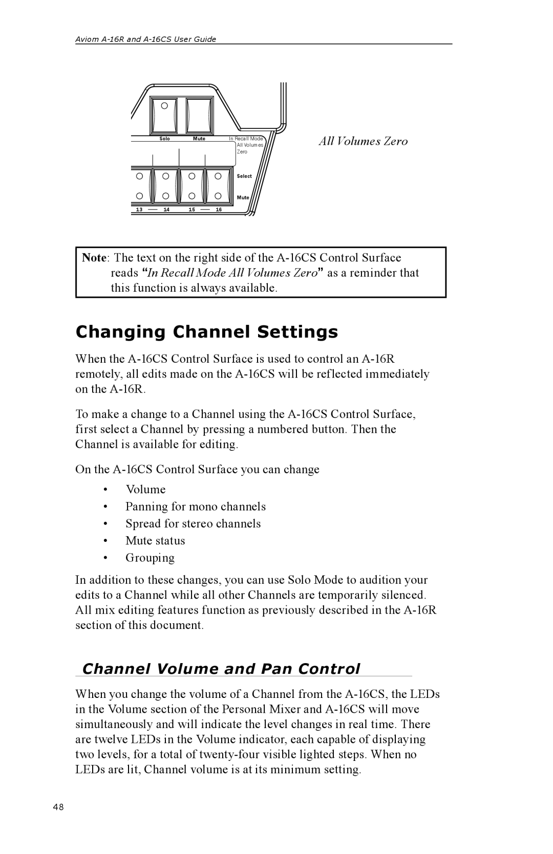 Aviom A-16R, A-16CS manual Changing Channel Settings, Channel Volume and Pan Control, All Volumes Zero 