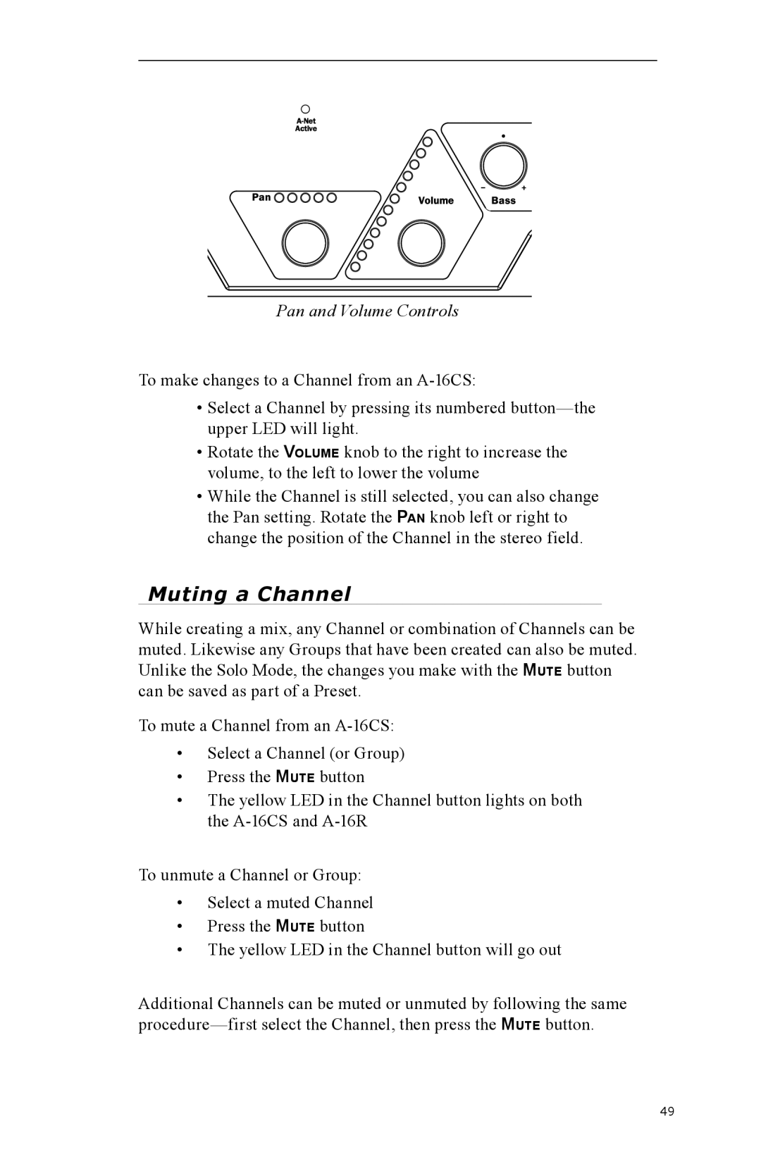 Aviom A-16CS, A-16R manual Muting a Channel, Pan and Volume Controls 