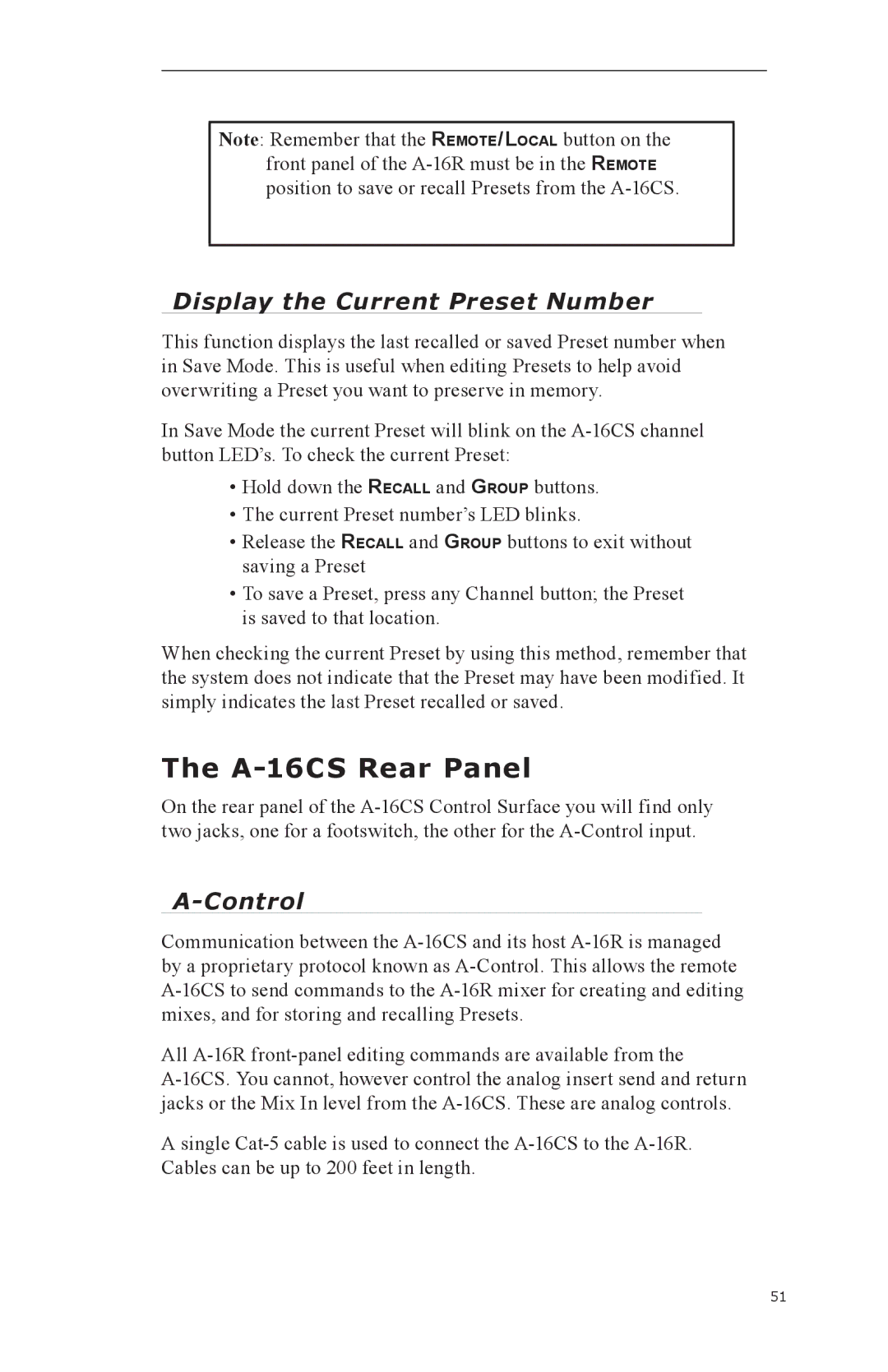 Aviom A-16R manual A-16CS Rear Panel, Display the Current Preset Number 