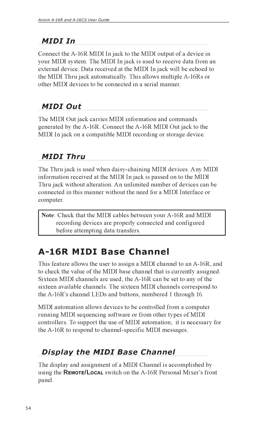 Aviom A-16R, A-16CS manual 16R Midi Base Channel, Midi Out, Midi Thru, Display the Midi Base Channel 