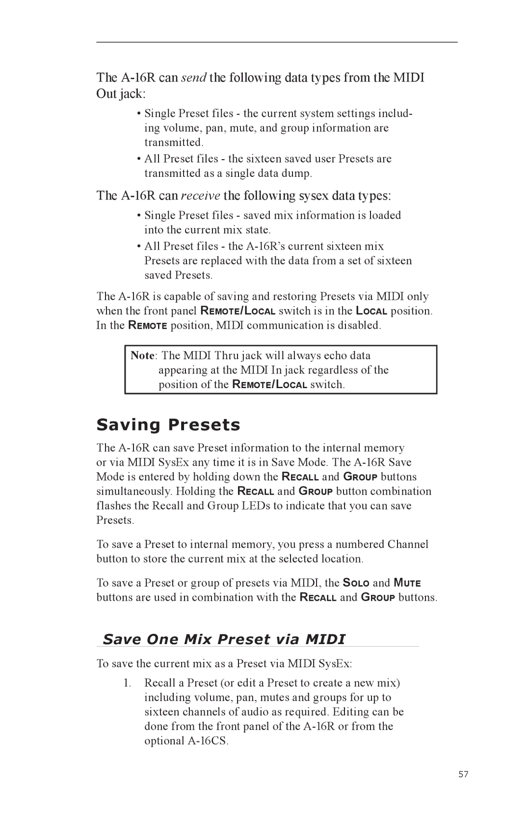 Aviom A-16CS, A-16R manual Saving Presets, Save One Mix Preset via Midi 