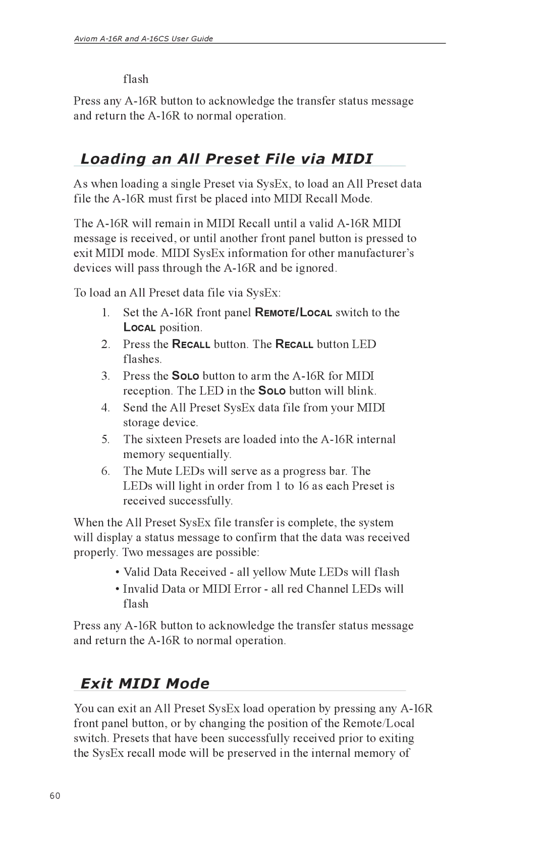 Aviom A-16R, A-16CS manual Loading an All Preset File via Midi, Exit Midi Mode 