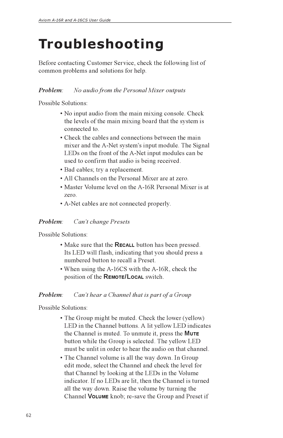 Aviom A-16R, A-16CS manual Troubleshooting, Problem No audio from the Personal Mixer outputs, Problem Can’t change Presets 