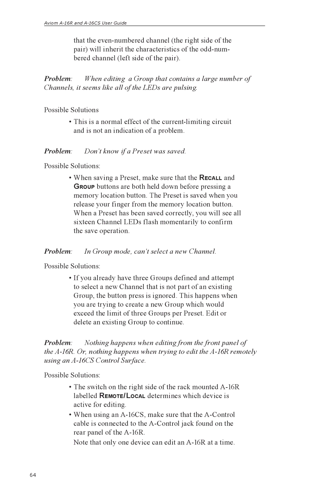 Aviom A-16R, A-16CS manual Problem Don’t know if a Preset was saved, Problem In Group mode, can’t select a new Channel 