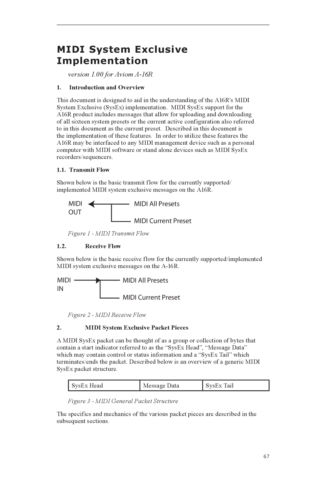 Aviom A-16CS manual Midi System Exclusive Implementation, Version 1.00 for Aviom A-16R 