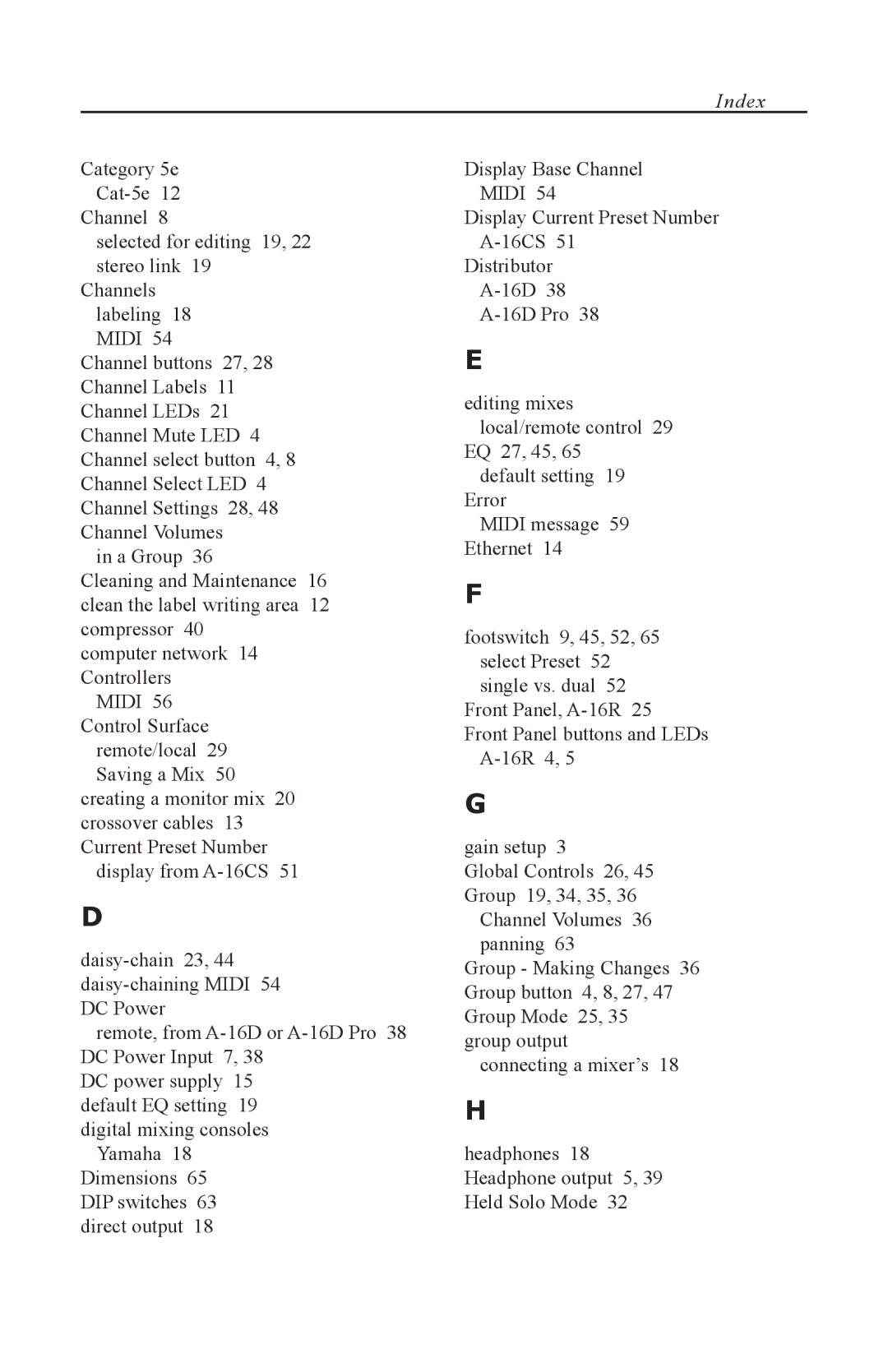 Aviom A-16CS, A-16R manual Index 