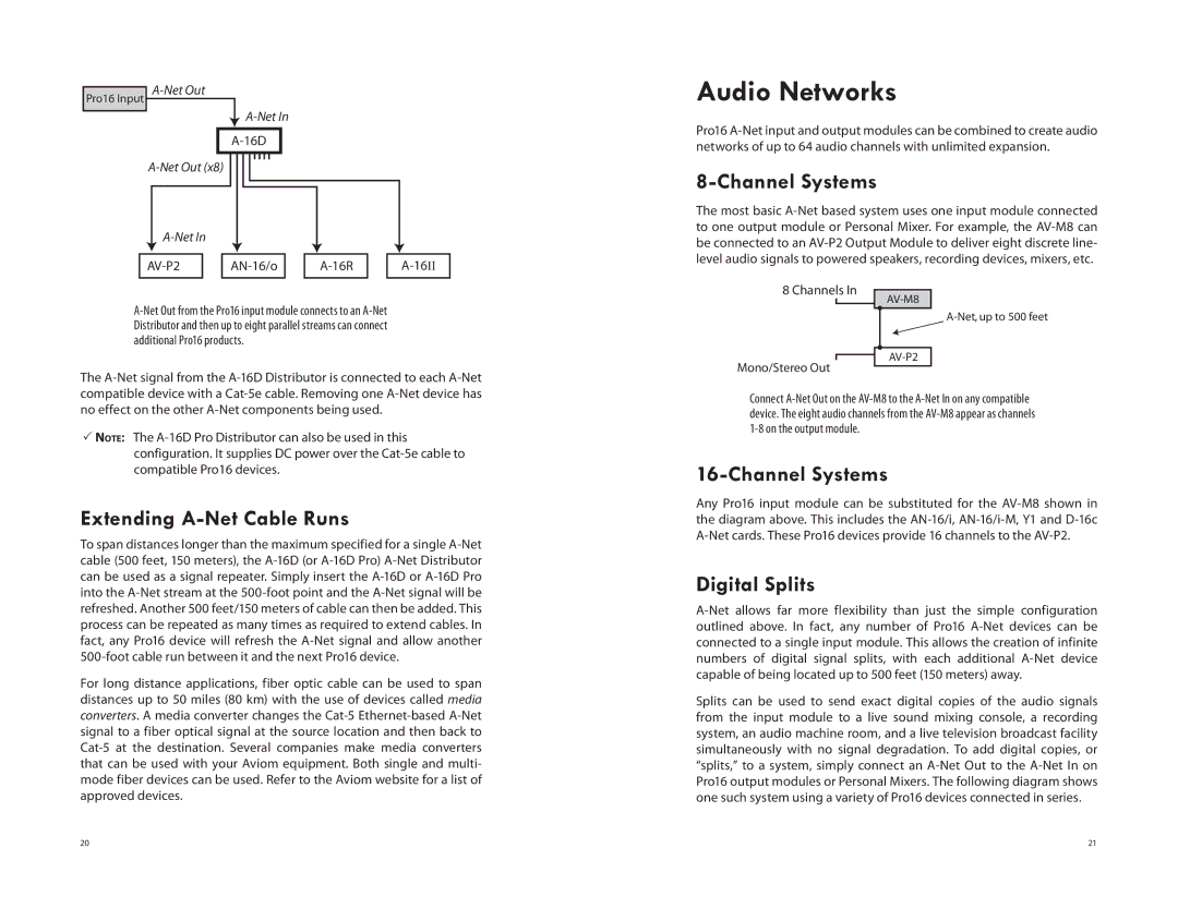 Aviom AV-P2 manual Audio Networks, Channel Systems, Extending A-Net Cable Runs, Digital Splits 